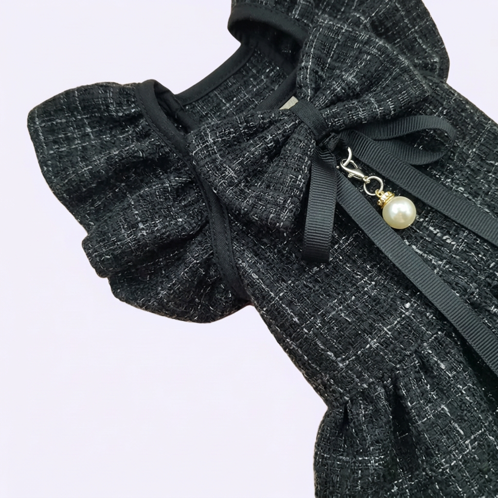 Black tweed dress close-up on pale lavender