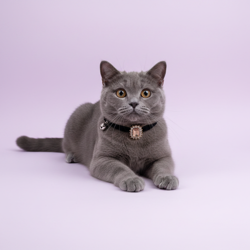 Grey British Shorthair lounging with paws stretched forward and facing the camera wearing a black velvet breakaway cat collar with a rectangular amber champagne emerald crystal pendant surrounded by gold rhinestones and a small silver bell