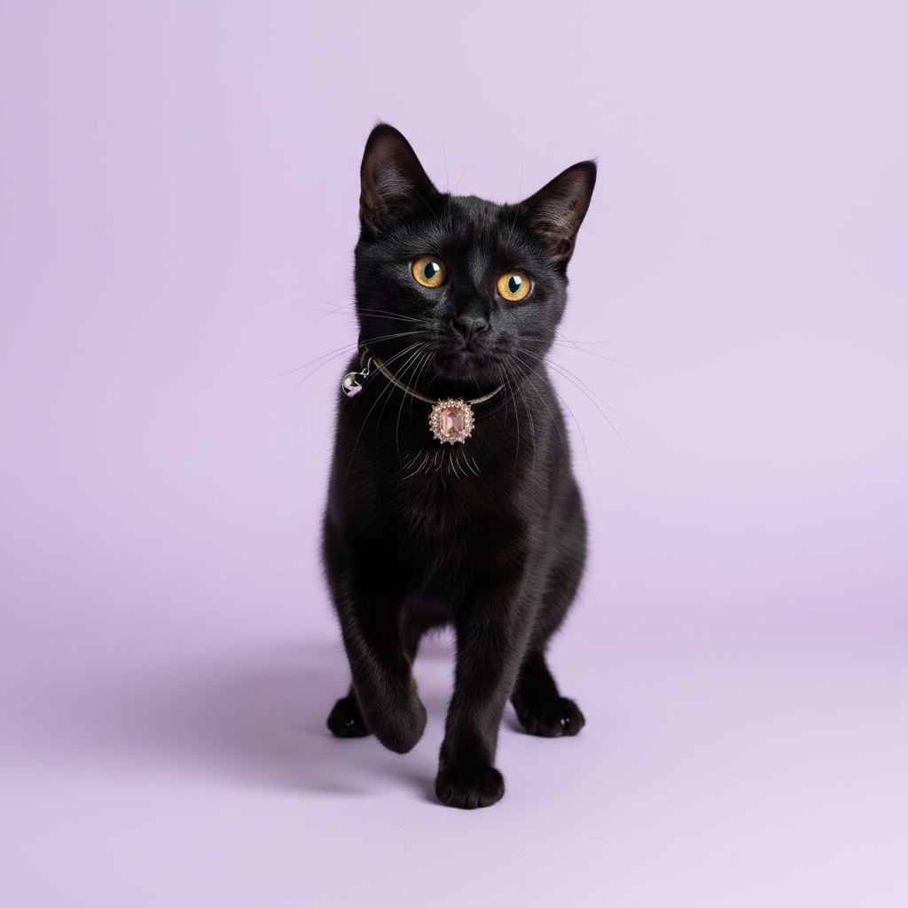 Sleek black cat standing upright and facing the camera wearing a black velvet breakaway cat collar with a rectangular amber champagne emerald crystal pendant surrounded by gold rhinestones and a small silver bell