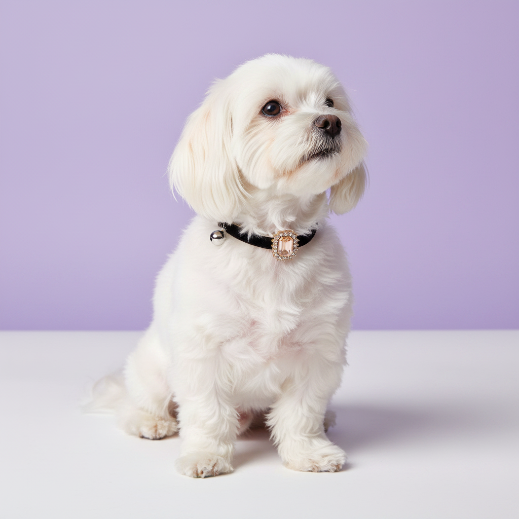 White Maltese sitting upright in a three-quarter pose gazing upward wearing a black velvet dog collar with a rectangular amber champagne emerald crystal pendant surrounded by gold rhinestones and a small silver bell