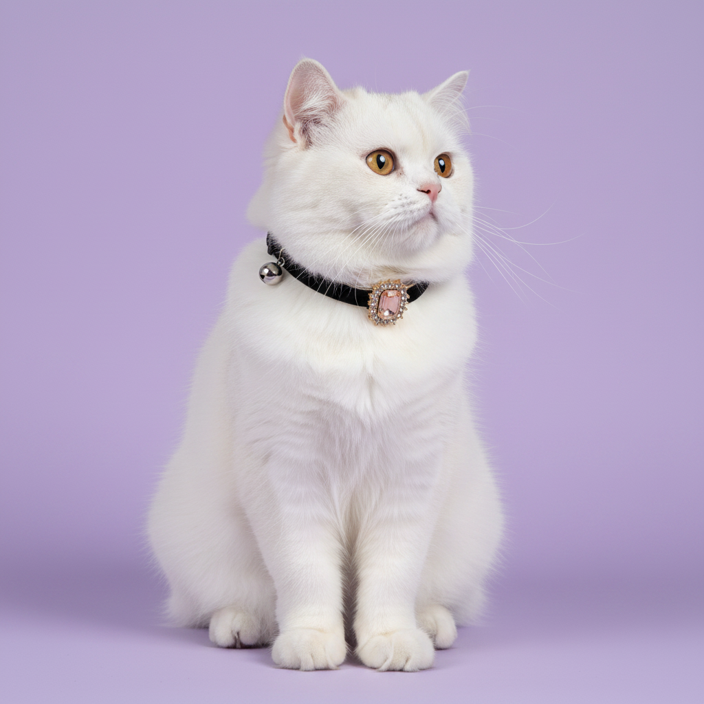 White Persian cat sitting upright in a three-quarter pose with an upward gaze wearing a black velvet breakaway cat collar with a rectangular amber champagne emerald crystal pendant surrounded by gold rhinestones and a small silver bell