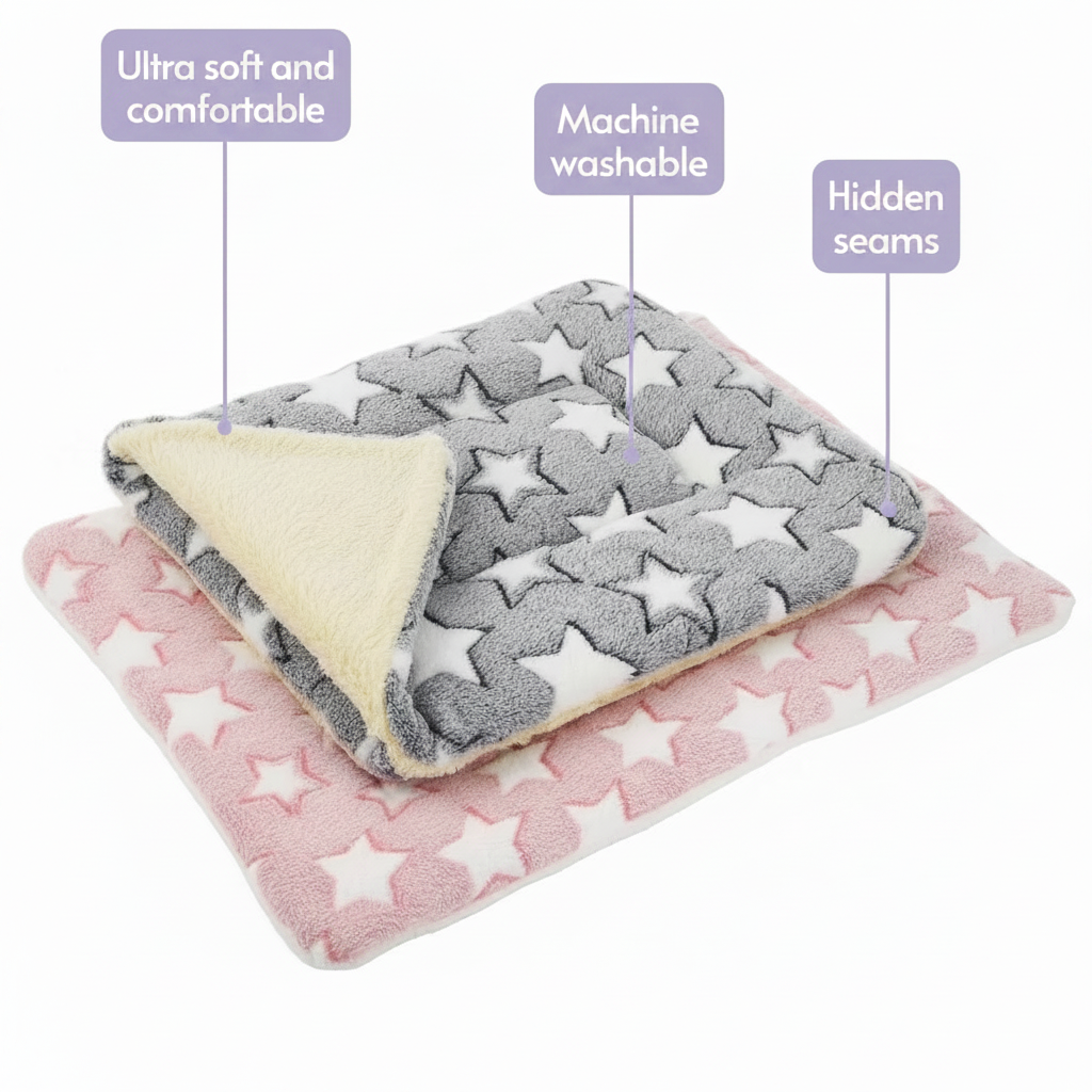 Grey and pink star print plush pet blanket feature infographic highlighting ultra soft and comfortable, machine washable, and hidden seams with cream sherpa lining on white background