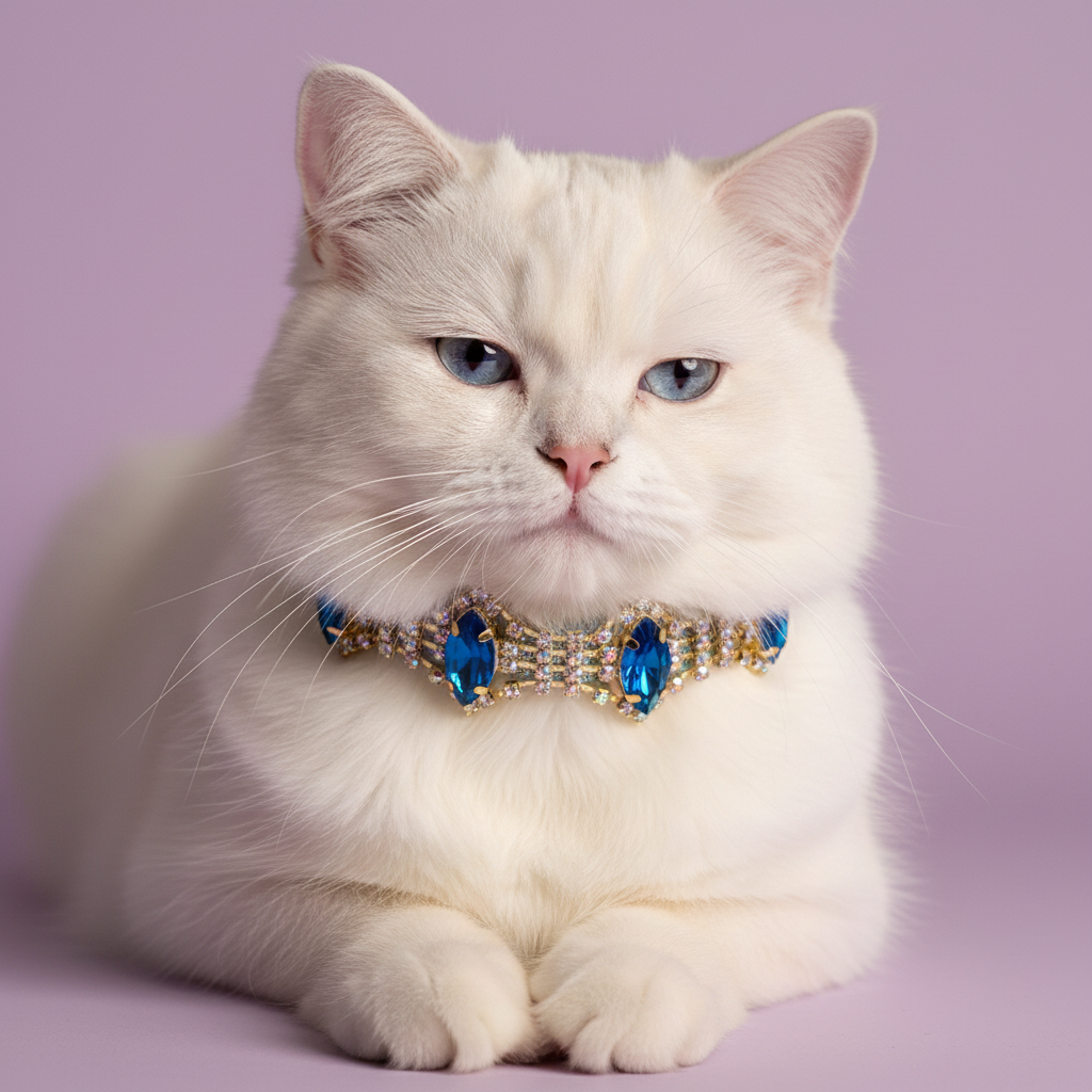 White cat with blue eyes lounging and facing the camera wearing a gold rhinestone cat collar with three marquise-cut sapphire blue crystals