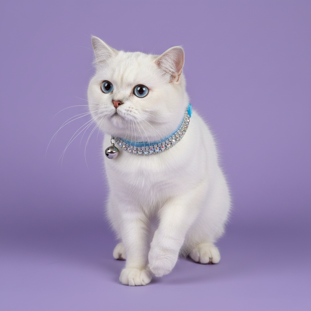 Blue-eyed white British Shorthair mid-stride wearing a blue AB rhinestone grid cat collar with silver bell