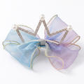 Blue and lavender crown bow hair clip on white
