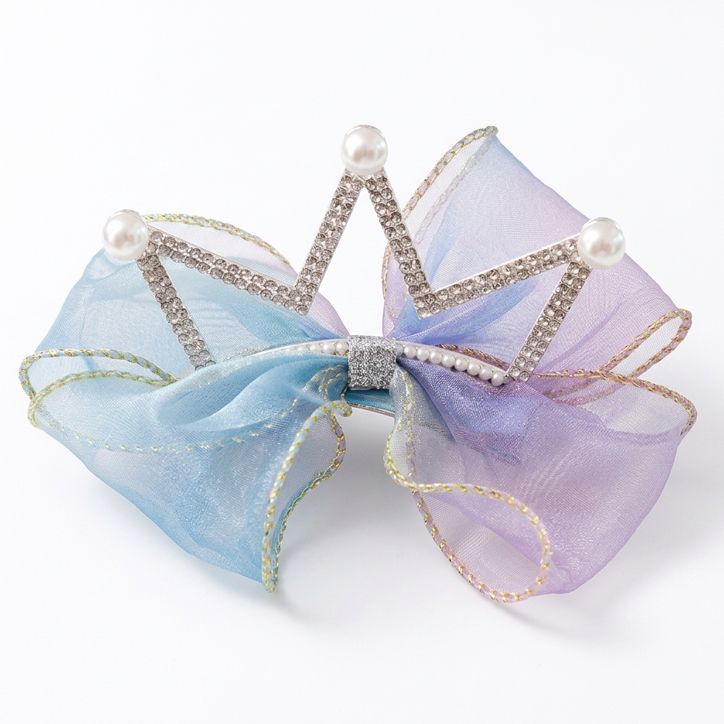 Blue and lavender crown bow hair clip on white