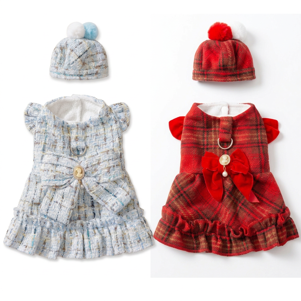 Blue and red dress-and-hat sets displayed together, straight upright and evenly scaled on a white background