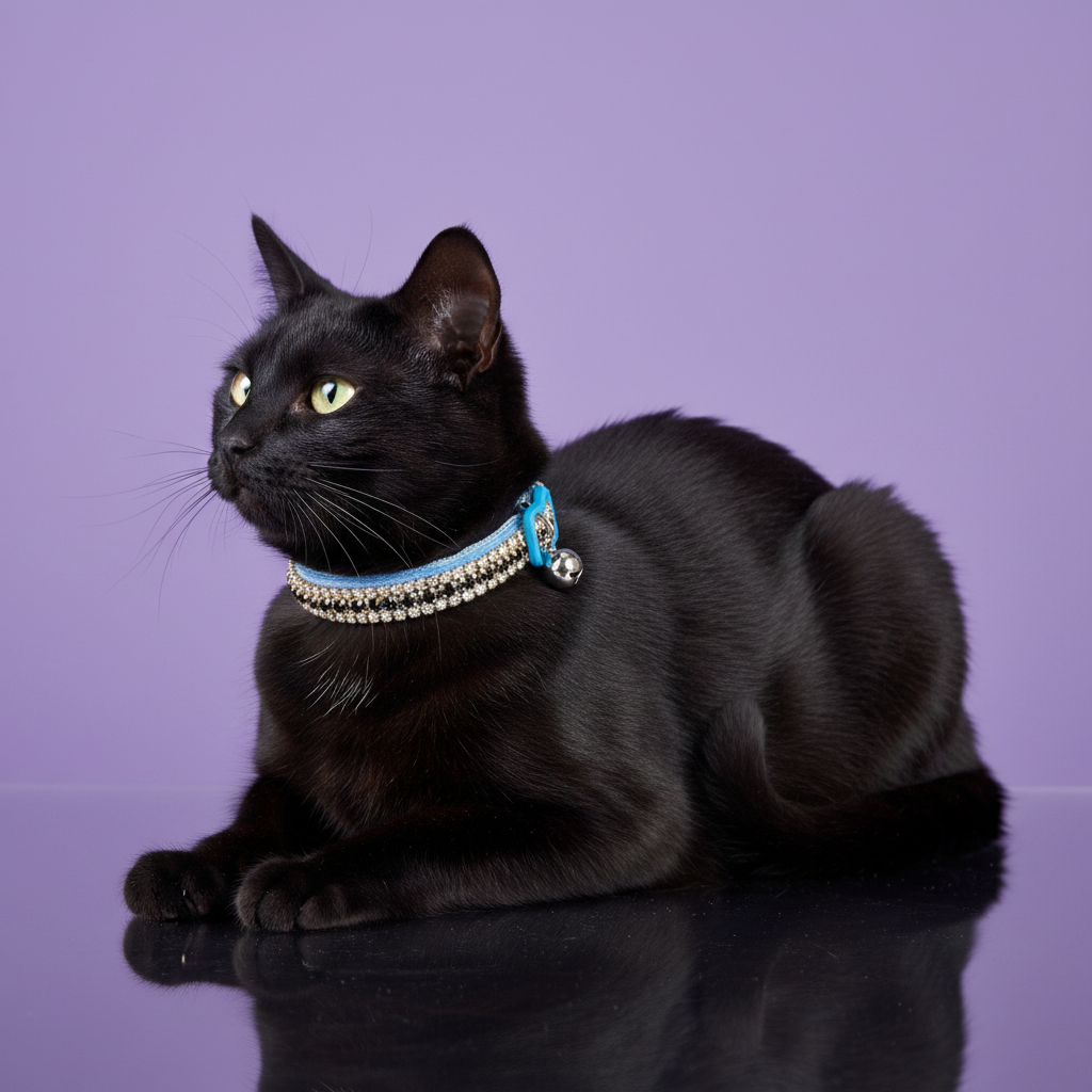 Yellow-eyed black cat stretched out and glancing to the side wearing a blue band black rhinestone cat collar with silver bell