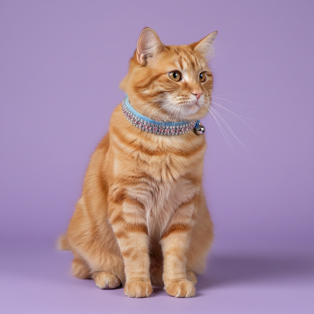 Orange tabby cat sitting upright wearing a blue band pink rhinestone cat collar with silver bell