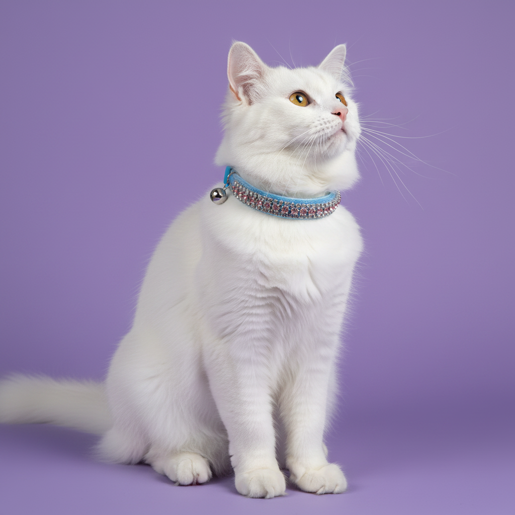 White Turkish Angora cat gazing up wearing a blue band pink rhinestone cat collar with silver bell