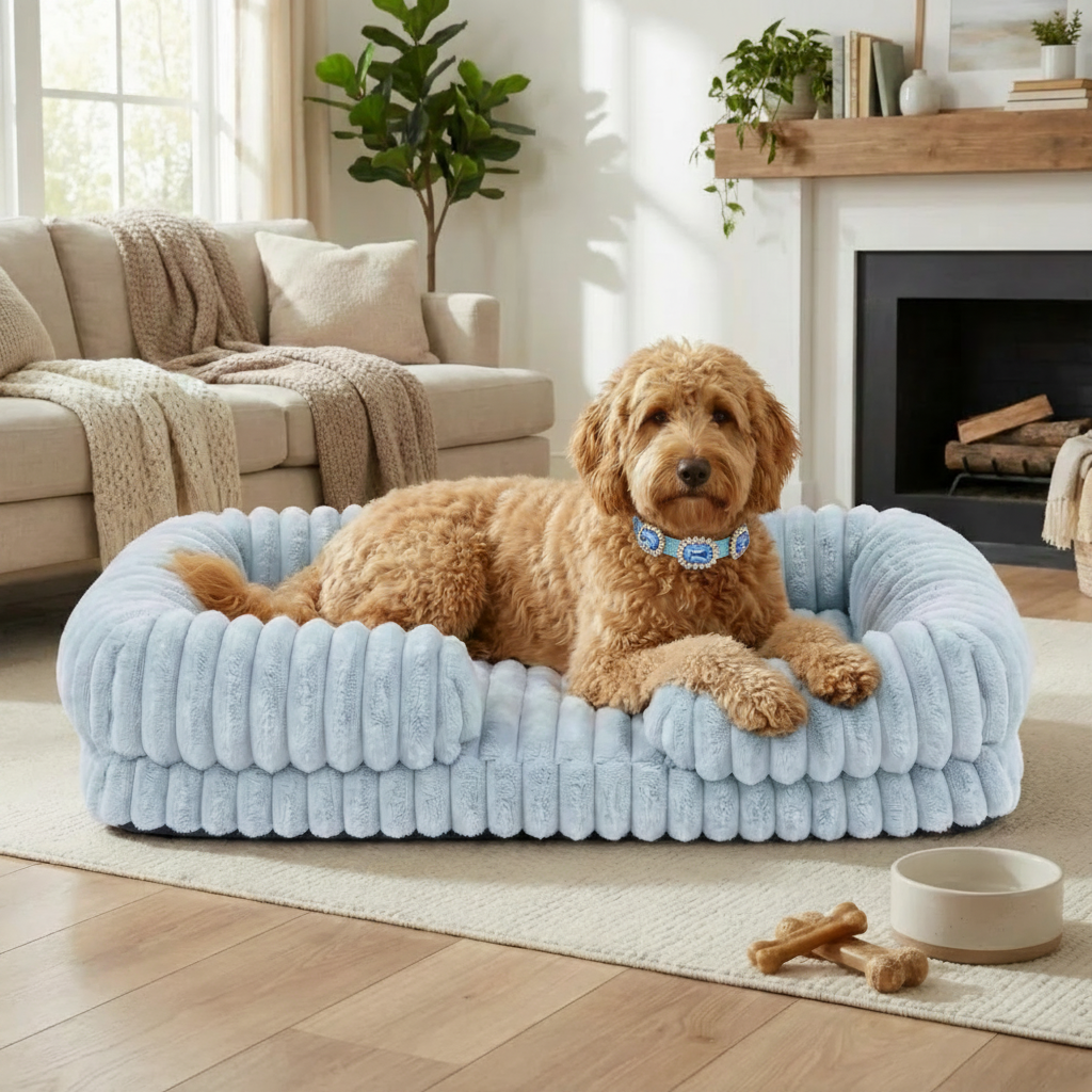 Blue Bed Living Room – Cavapoo with Blue Crystal Collar