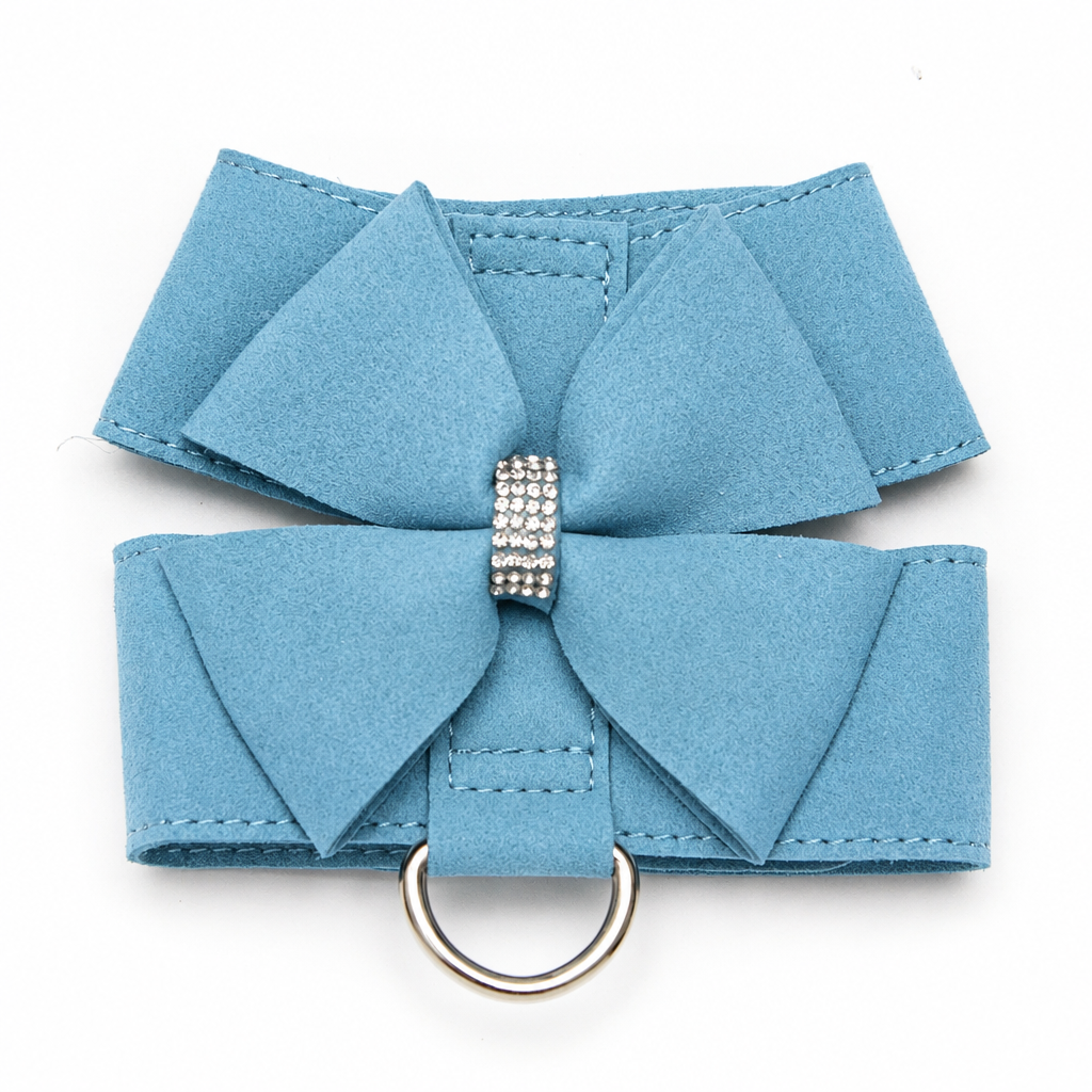 Blue bow harness close-up