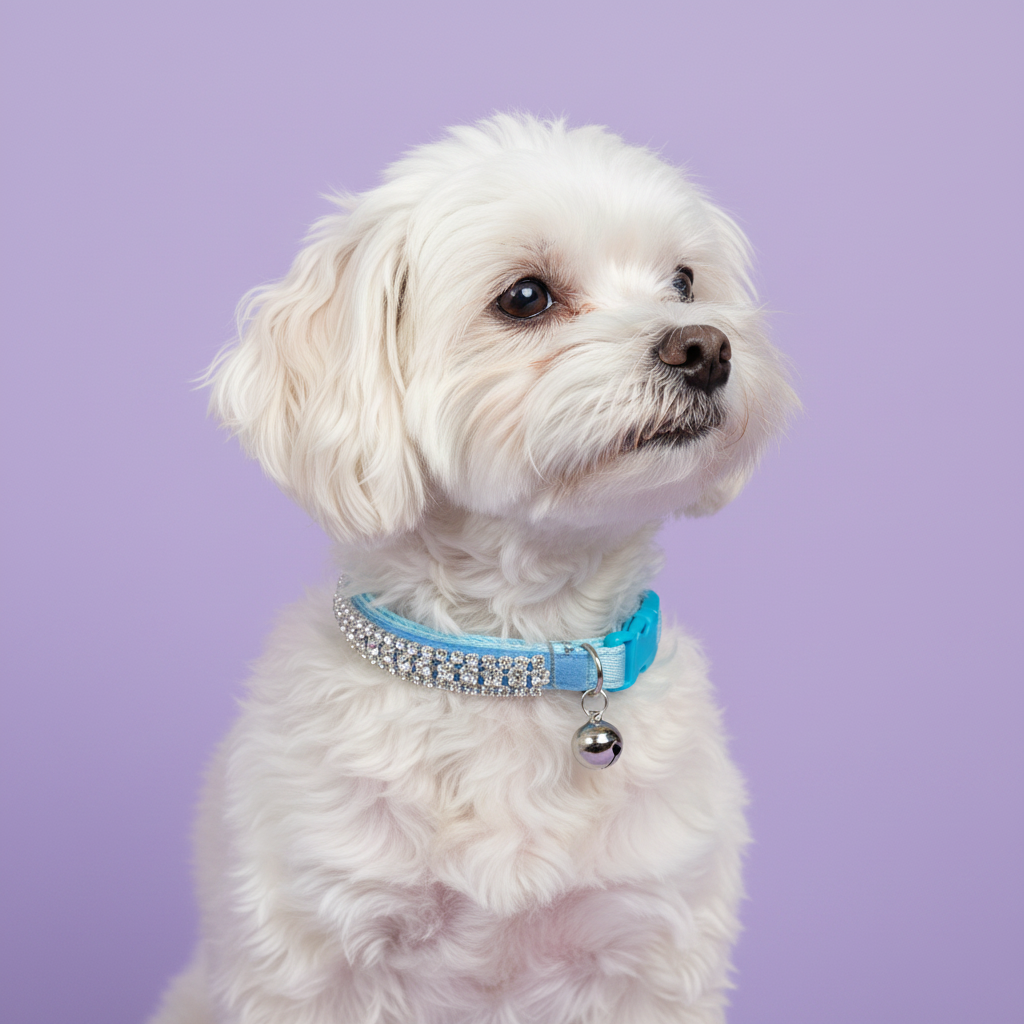 White Maltese gazing upward wearing a sky blue rhinestone dog collar with clear crystal rows and a silver bell on a lavender background