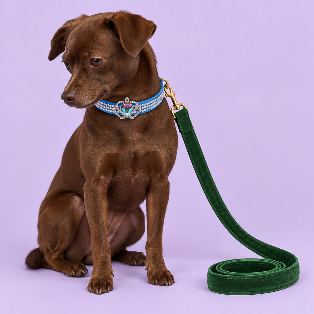 Blue crown collar with green velvet leash