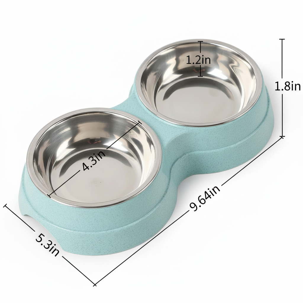 Double stainless steel pet bowl set in a light blue plastic base with dimension callouts: 9.64in length, 5.3in width, 1.8in height, and 4.3in bowl diameter, white background
