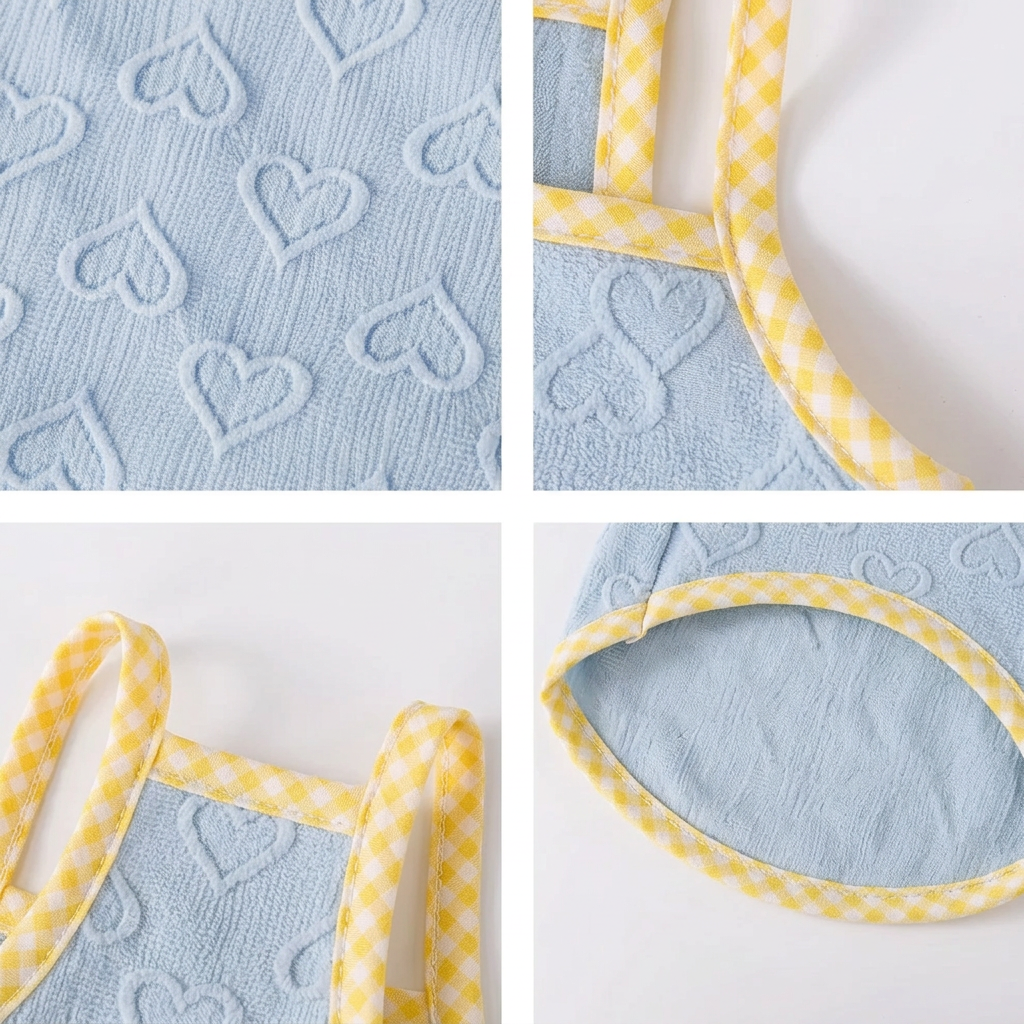 Blue fabric detail collage with yellow gingham trim