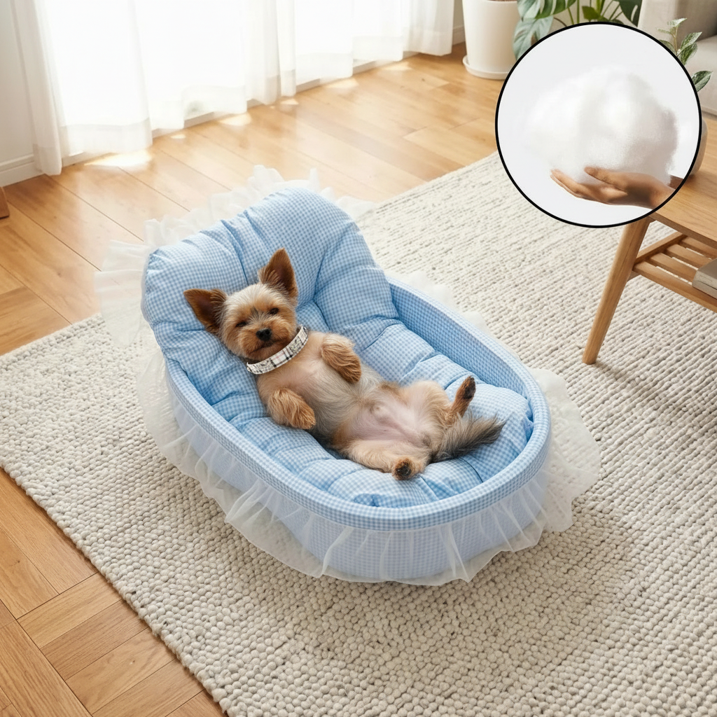 Yorkshire Terrier wearing a plaid bone collar lying on its back in a pastel blue gingham oval pet bed with tufted bolster backrest and sheer white lace ruffle trim, displayed on a cream rug in a bright living room, with inset showing fluffy foam filling