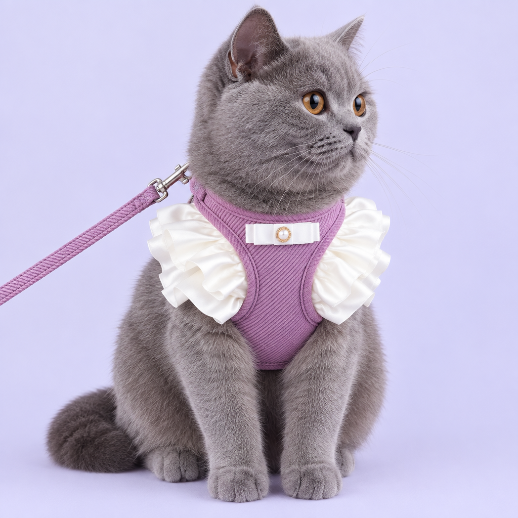 Blue-gray cat in lavender ruffled harness