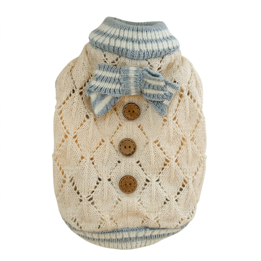 Blue-grey-and-cream trim sweater on a square white background