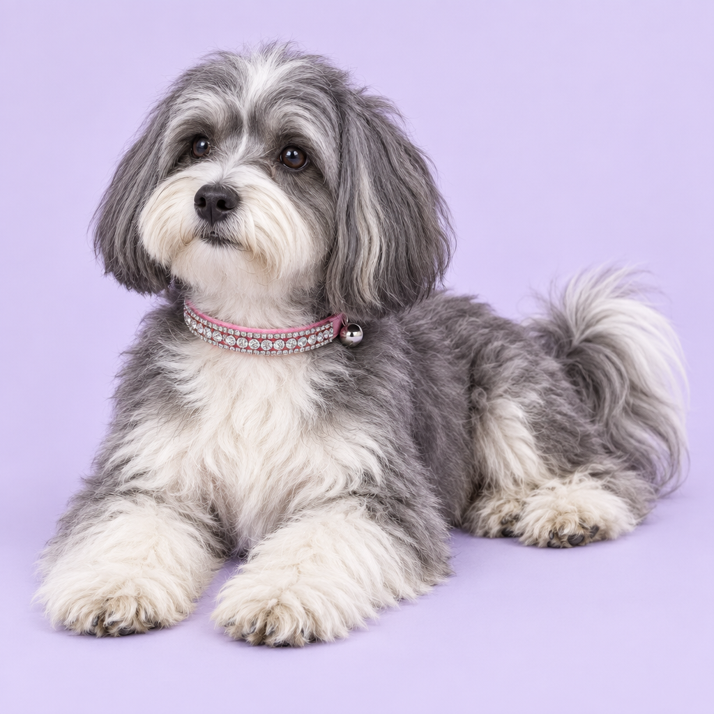 Blue-grey-and-white Havanese lying down