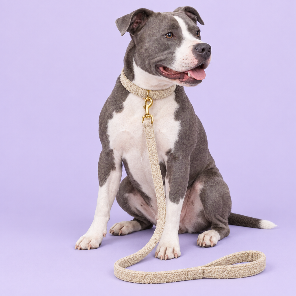 Blue-grey-and-white terrier wearing beige teddy fleece set