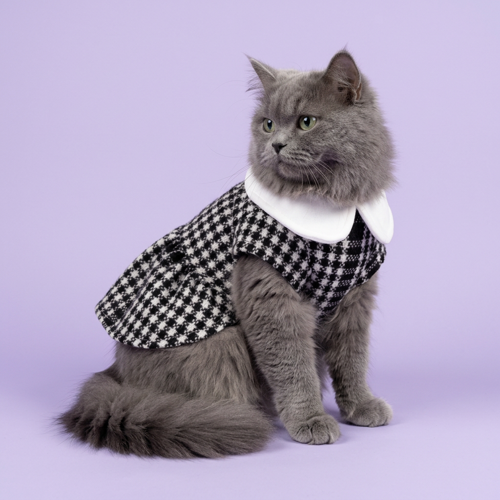 Blue-grey British longhair wearing the houndstooth dress