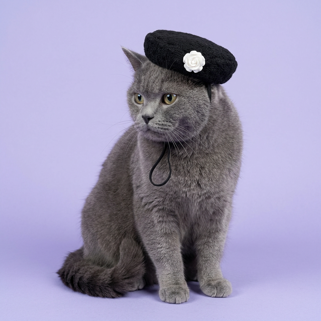 Blue-grey British Shorthair wearing the petite black beret