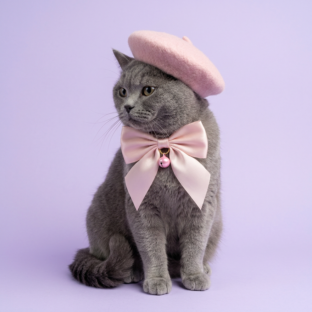 Blue-grey British Shorthair wearing the pink beret and bow