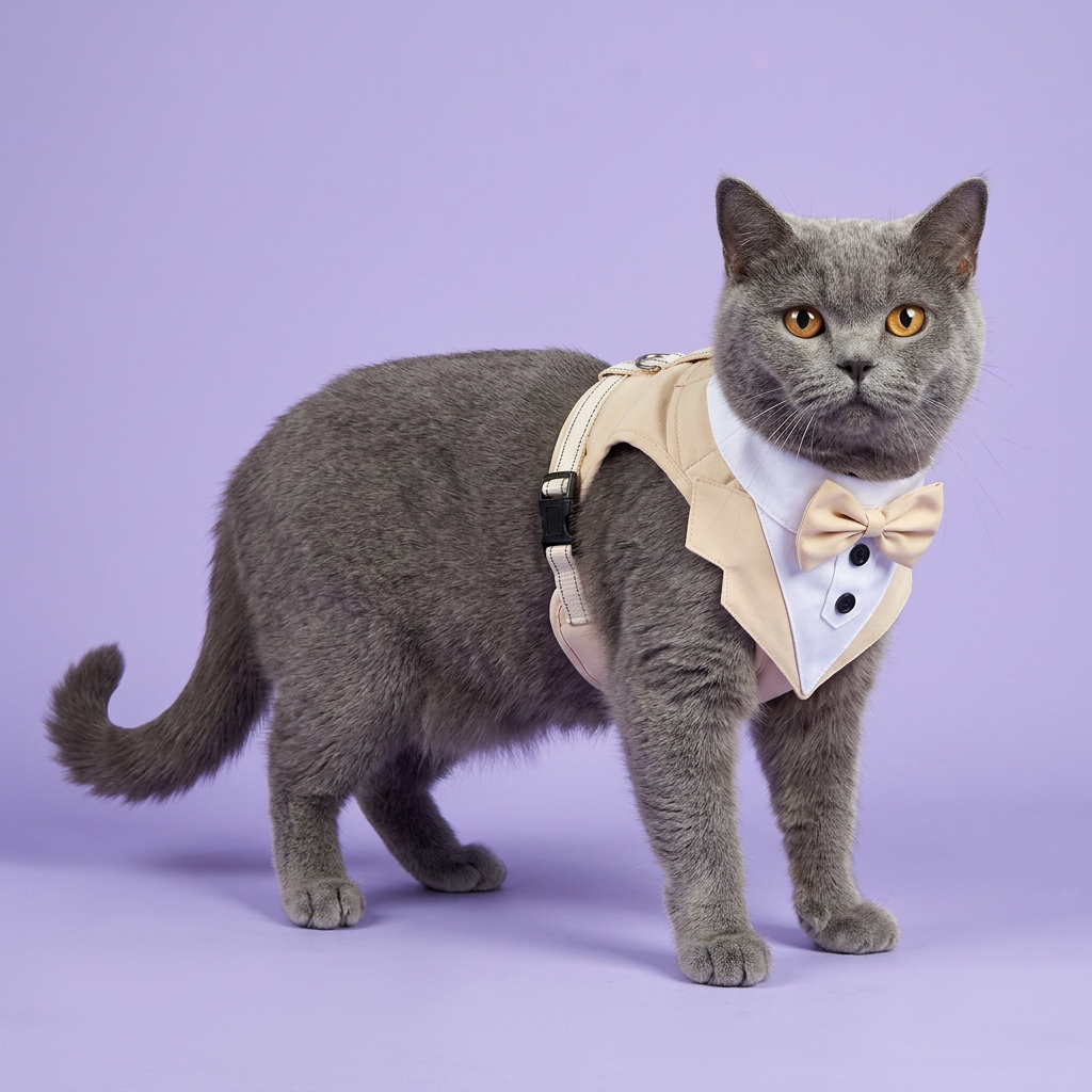 Blue-grey cat standing in the cream tuxedo harness