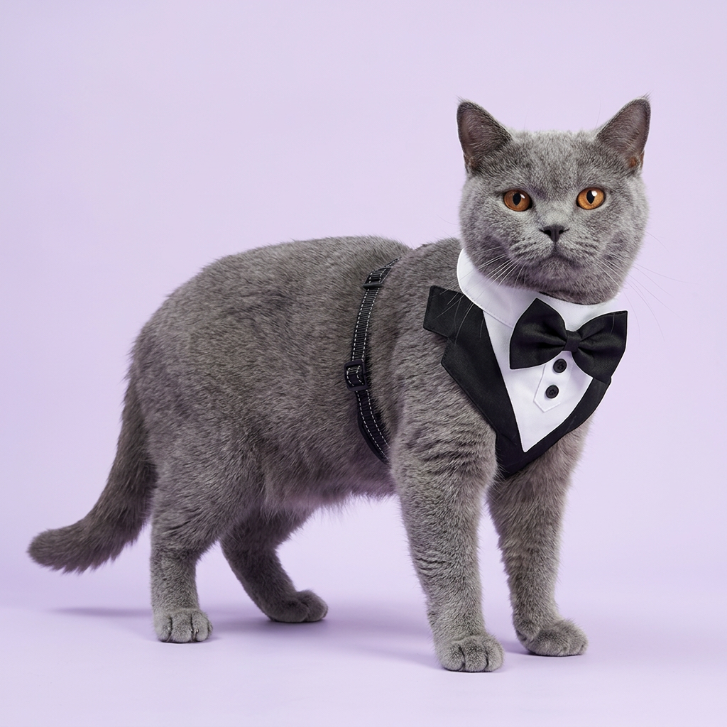 Blue-grey cat standing in the tuxedo harness