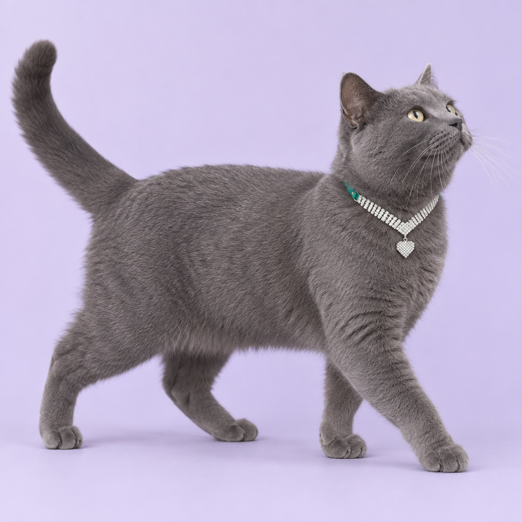 Blue-grey Chartreux walking and reacting to a sound