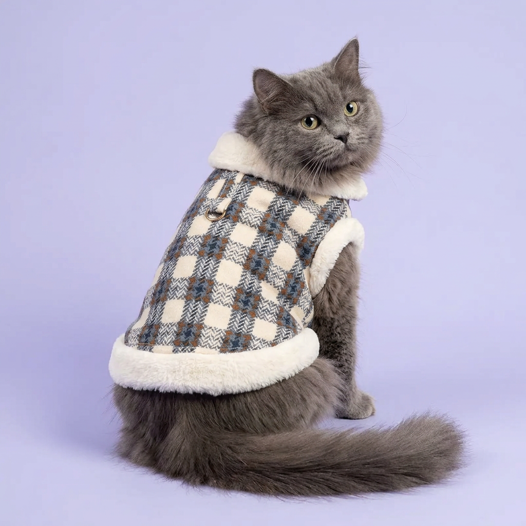 Blue-grey longhaired cat looking back to show the jacket’s back