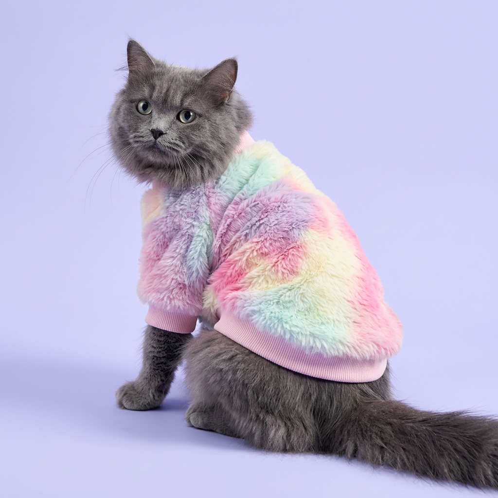 Blue-grey longhaired cat showing the back of the pullover