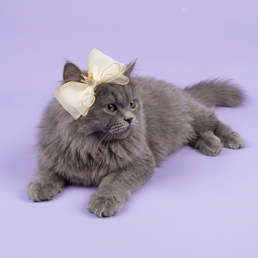Blue-grey Persian wearing the ivory-and-gold crown bow