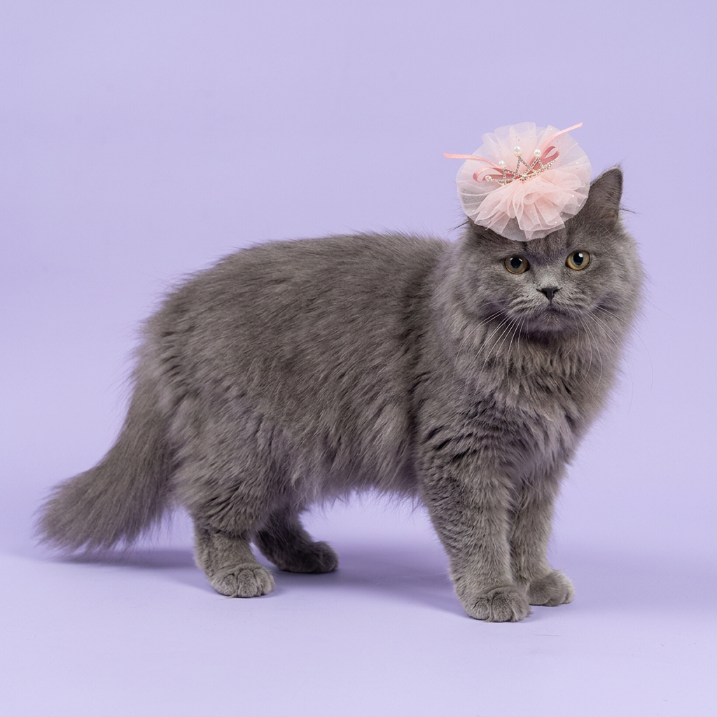 Blue-grey Persian wearing the pink tulle crown clip