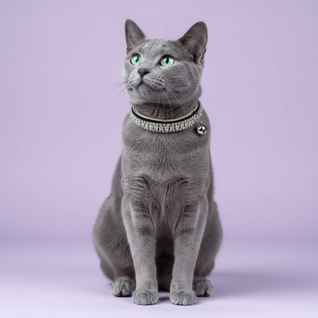 Blue-grey Russian Blue cat in the black velvet collar with clear trim