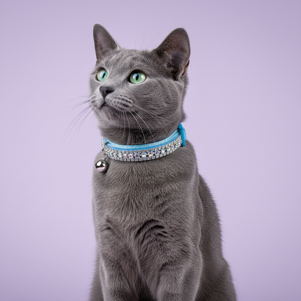 Blue-grey Russian Blue cat in the light-blue AB velvet collar