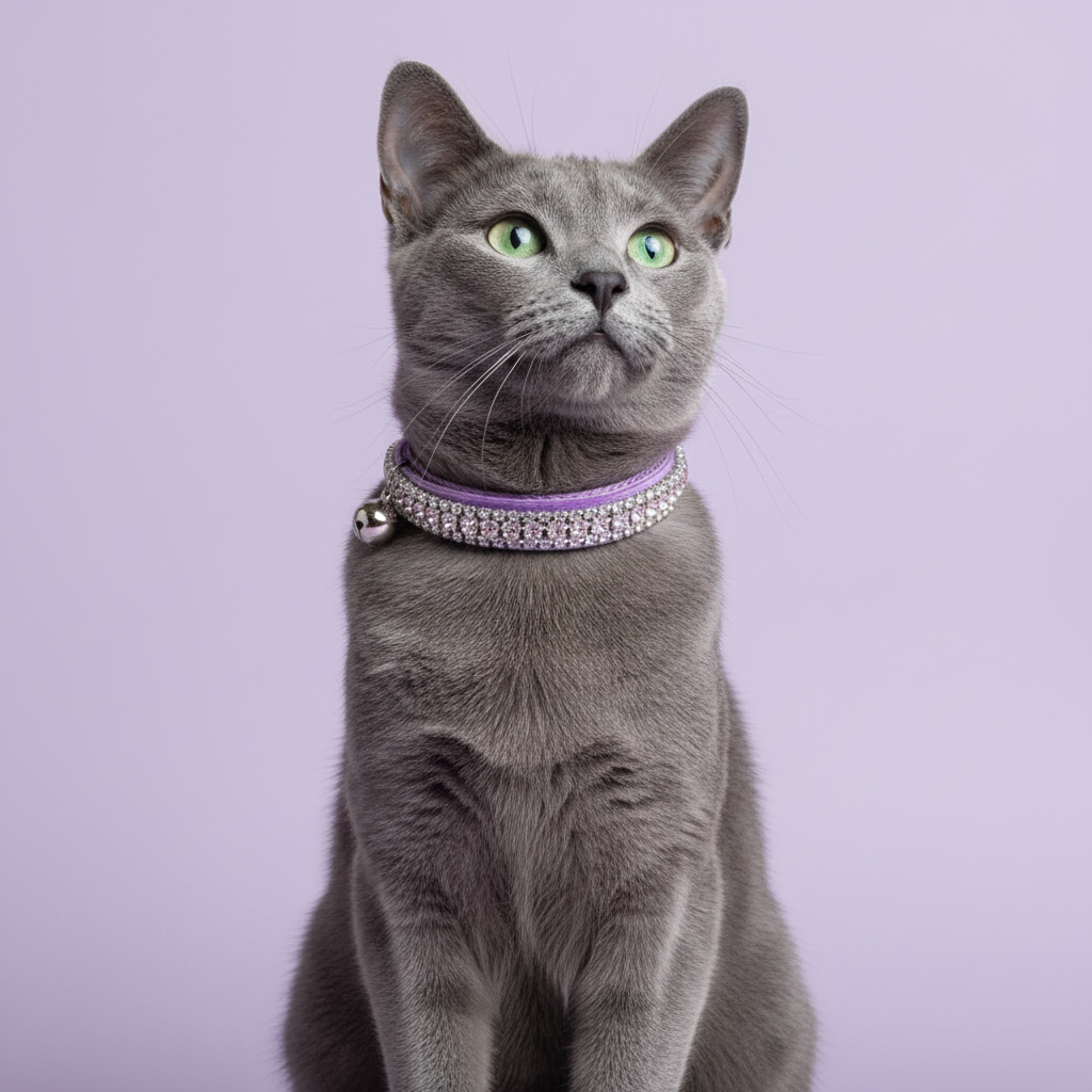 Blue-grey Russian Blue cat in the purple velvet collar with pink trim
