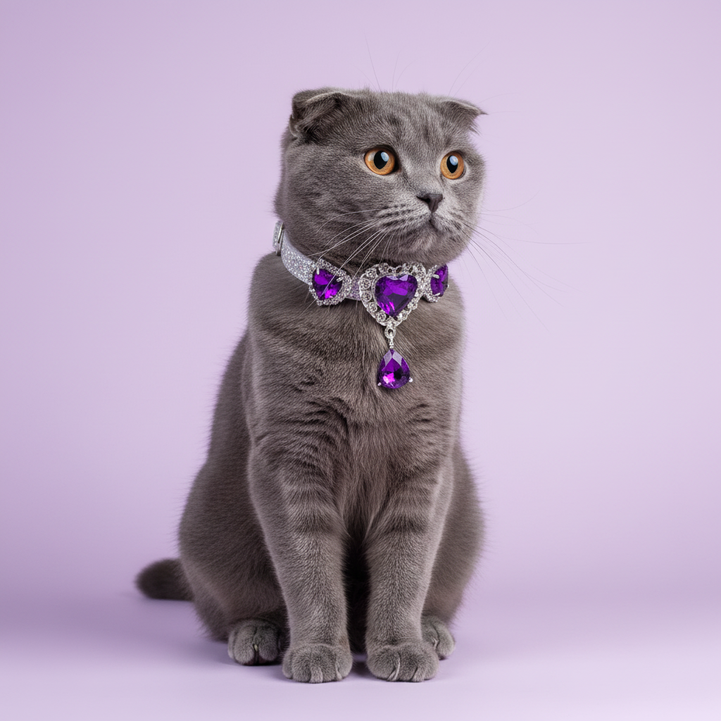 Blue-grey Scottish Fold cat in the purple heart pendant collar