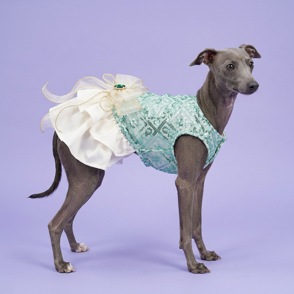 Blue-grey whippet wearing the mint-and-ivory dress