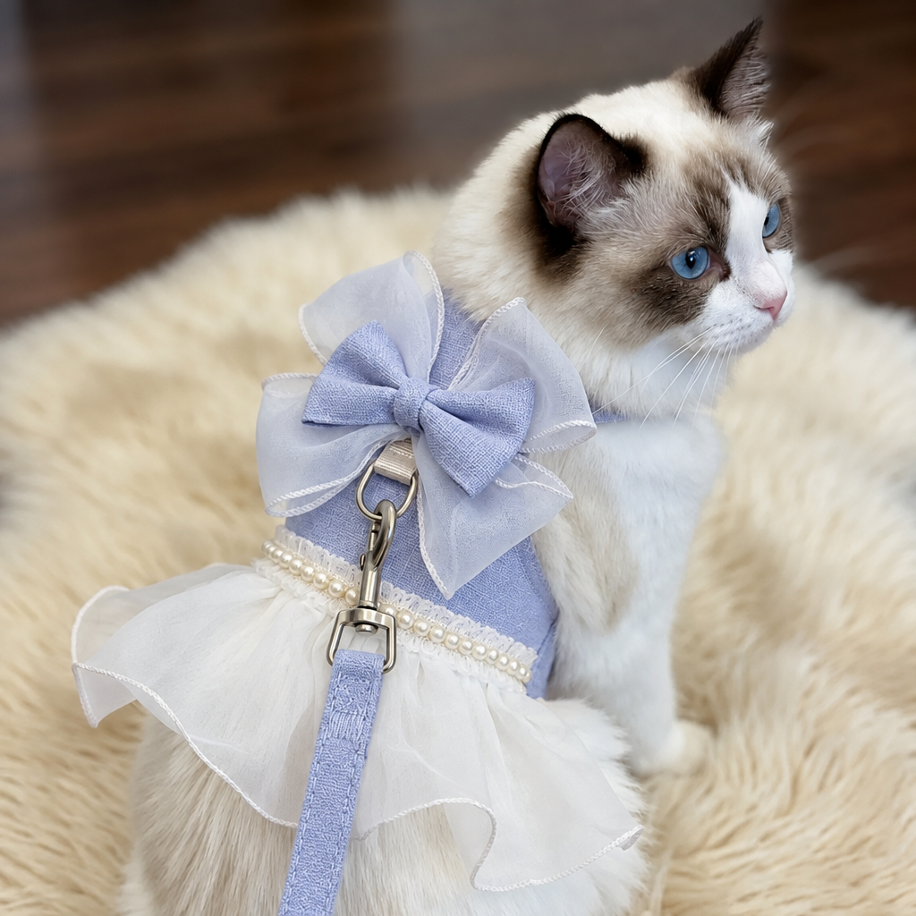 Blue harness on pet