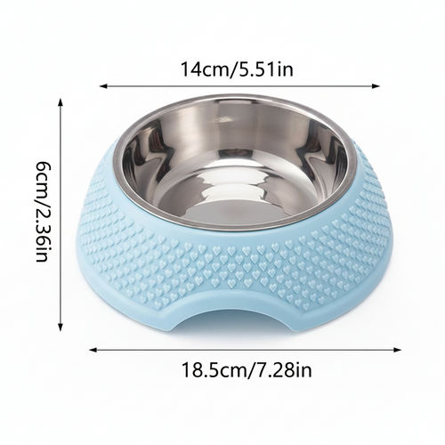 Heart embossed single pet bowl dimensions diagram showing 5.51 inch diameter opening, 7.28 inch base width, and 2.36 inch height with removable stainless steel insert