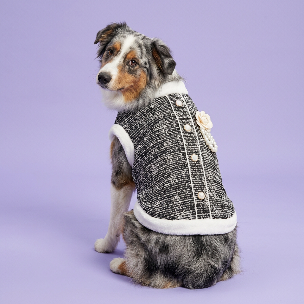Blue-merle Australian shepherd looking back to show the jacket details
