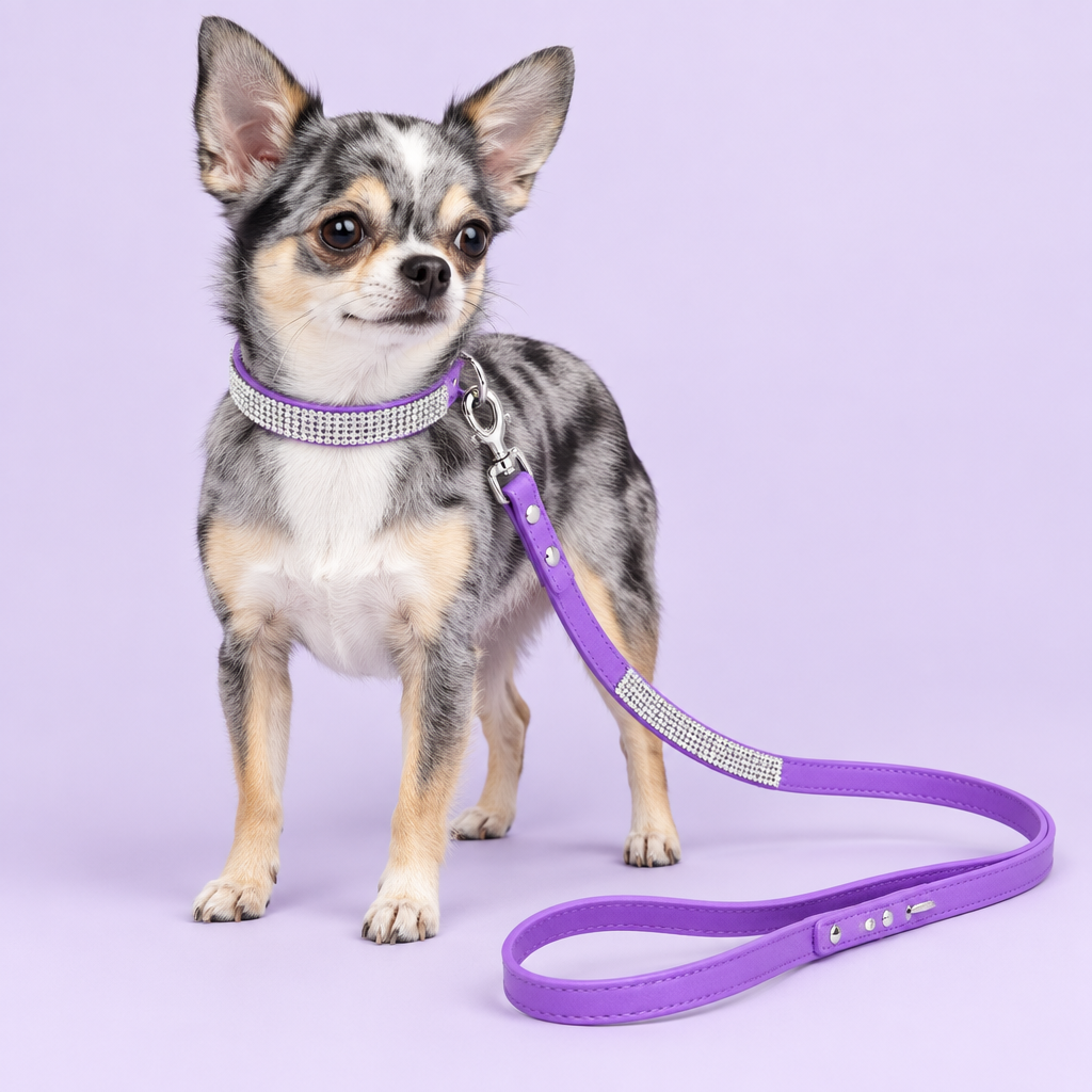 Blue-merle Chihuahua wearing the purple collar and leash