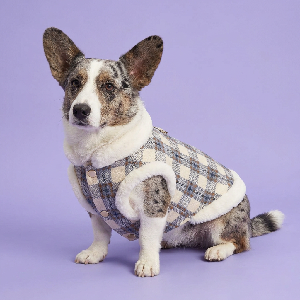 Blue-merle corgi seated in the plaid vest
