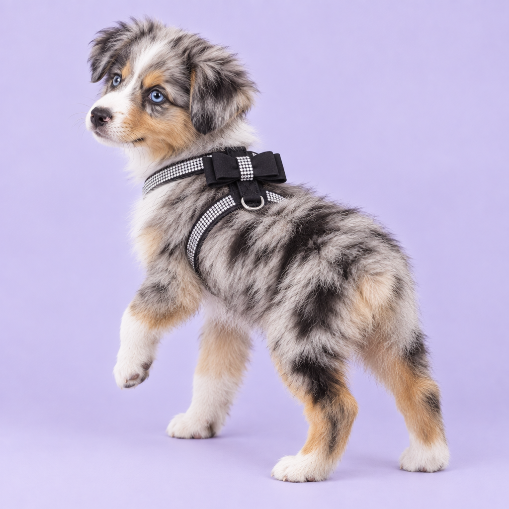 Blue-merle Miniature Australian Shepherd puppy in the black harness
