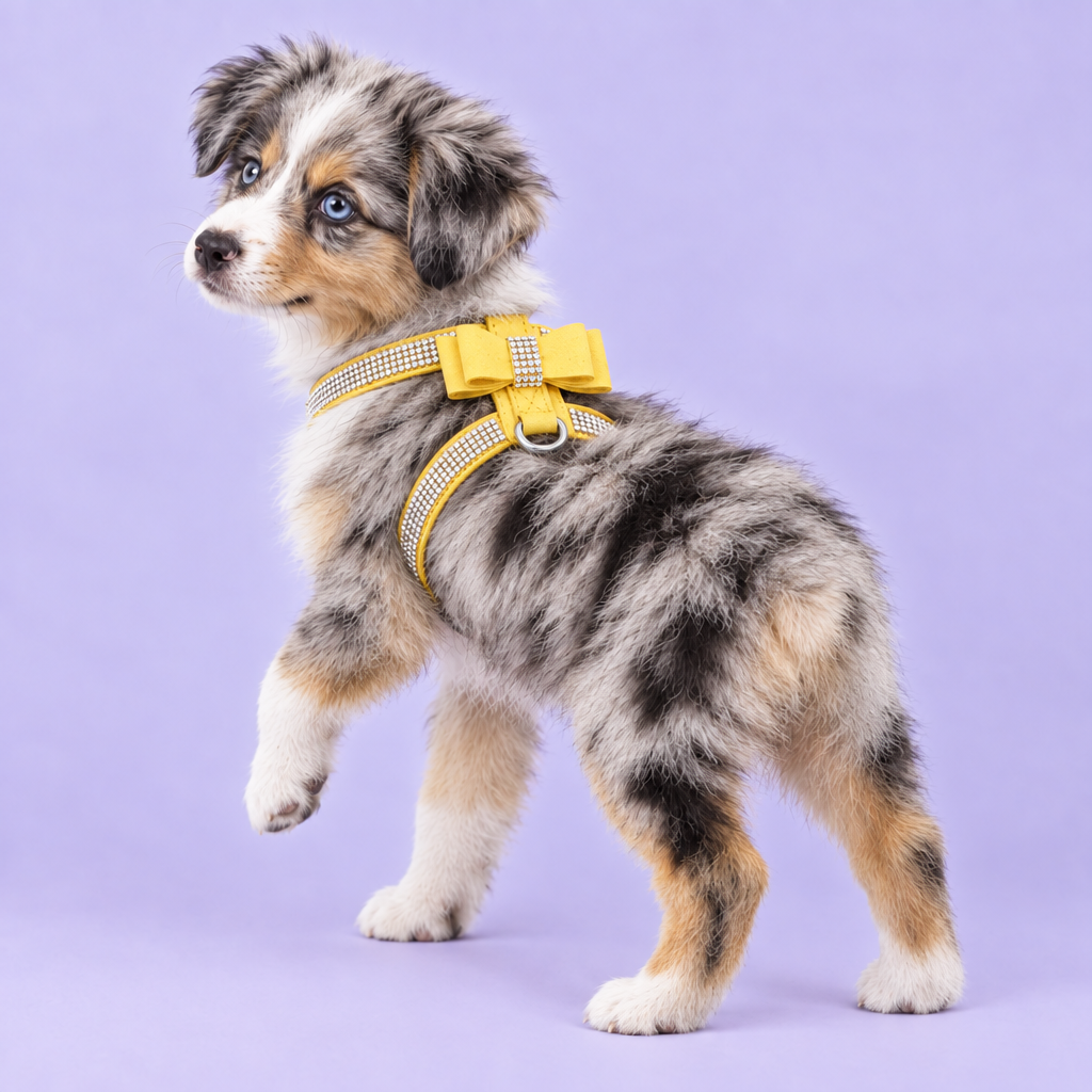Blue-merle Miniature Australian Shepherd puppy in the yellow harness