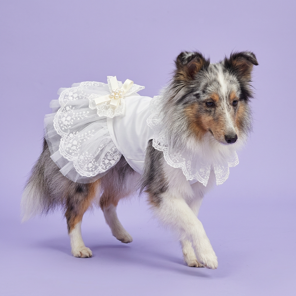 Blue-merle Sheltie gently stepping in the white lace dress