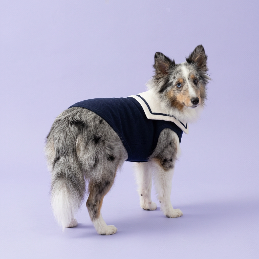 Blue-merle Sheltie looking back to show the sailor collar