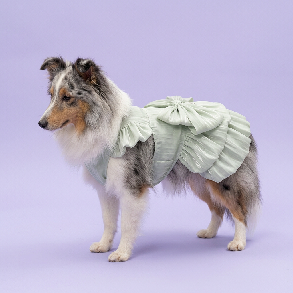 Blue-merle Sheltie wearing the pale-mint dress